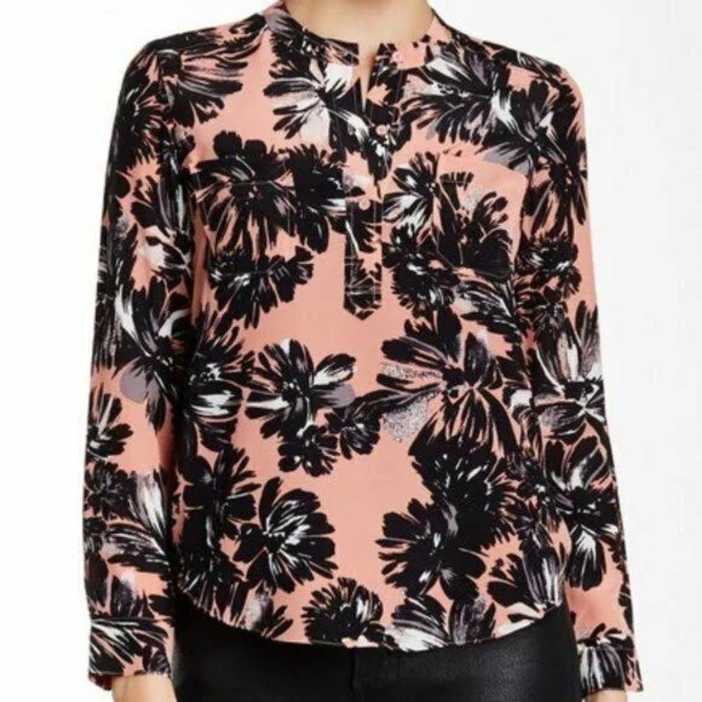 New Rebecca Taylor | 100% Silk |Blouse Top Split Wood Rose Coral Floral Size XS